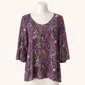 Susan Graver Top Size 3X Purple Paisley Print Tunic Artsy Liquid Knit Office